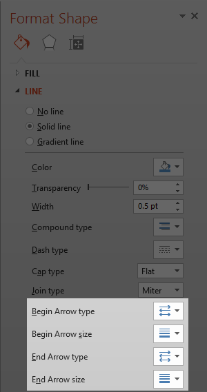 Arrow settings options within Format Shape Task Pane