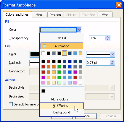 Fill Effects option within the Format AutoShape dialog box