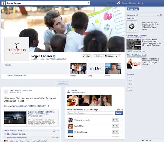 Roger Federer's Facebook page