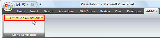 OfficeOne Animations button within Menu Commands group of Add-Ins tab of the Ribbon