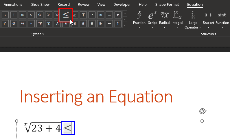 You can add operators and other symbols in your equation
