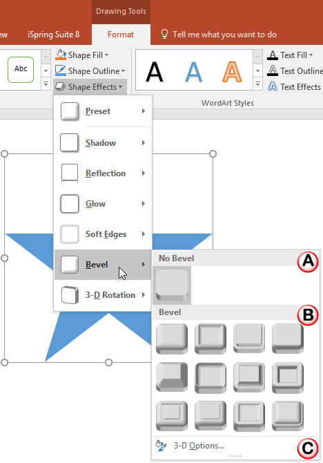 Bevel sub-gallery within the Shape Effects drop-down gallery