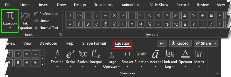 The Equation tab of the Ribbon contains extensive equation options