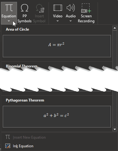 The Equation gallery contains ready-to-use equations