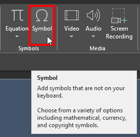 Insert Symbol button in PowerPoint 365 for Windows