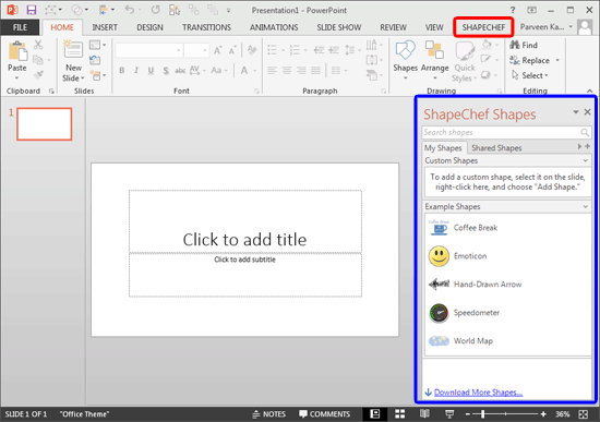 ShapeChef tab and ShapeChef Shapes Task Pane within PowerPoint 2013 interface