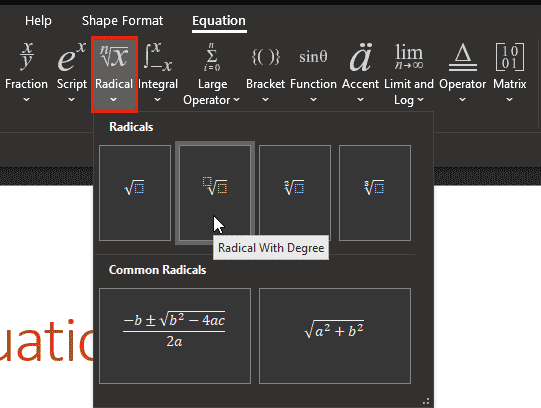 Structures group in the Equation tab of the Ribbon